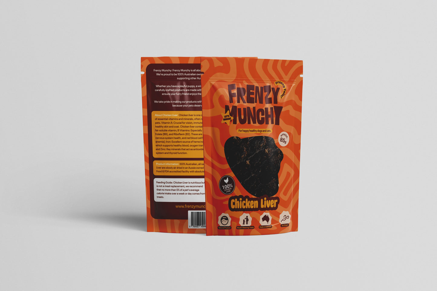 Frenzy Munchy chicken liver snack package on a gray background