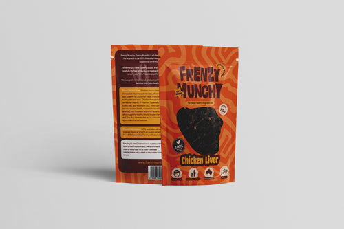Frenzy Munchy chicken liver snack package on a gray background
